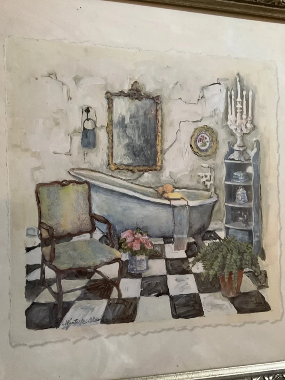 Vintage Bathroom Scene Framed Print - Blue Bathtub & Black White Tiles
